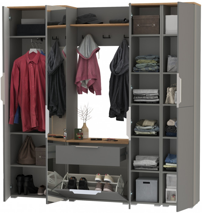 Октава Прихожая 29, цвет серый графит/дуб крафт золотой/фасады МДФ серый графит, ШхГхВ 193,7х35,4х197,6 см., универсальная сборка