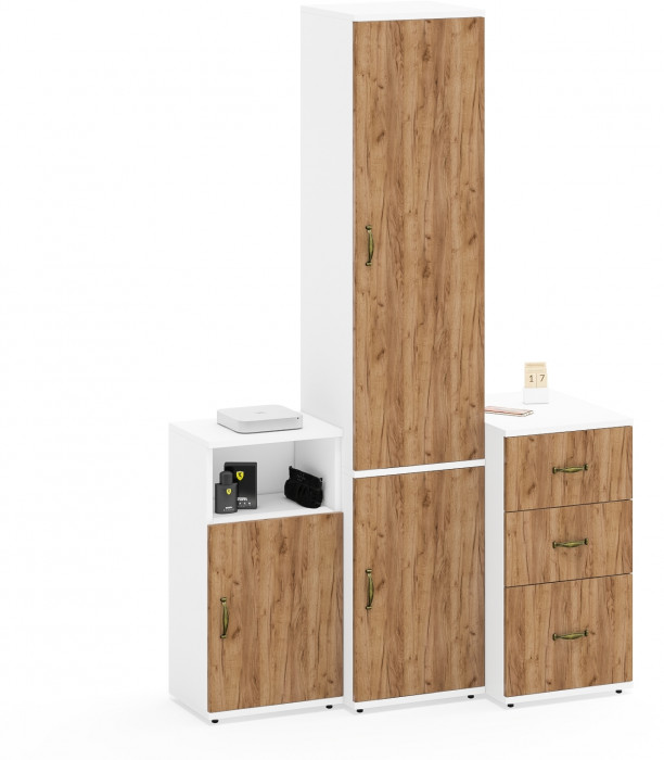 Лидер-8 Пенал МД 22Б + Тумба МД 3.16 + Тумба МД 3.19, цвет белый шагрень/крафт золото, ШхГхВ 120х50х190 см., универсальная сборка