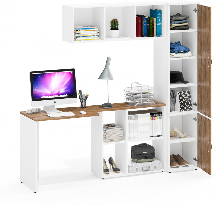 Лидер-8 Стол + Полка + Пенал МД 22Б, цвет белый шагрень/крафт золото, ШхГхВ 205х50/37,5х75/190 или 115х50/120х75/190 см., НЕ универсальная сборка