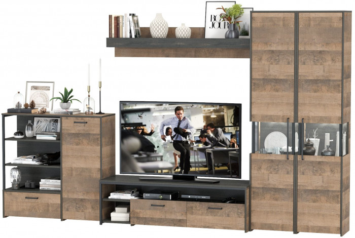 Трувор Гостиная 035, цвет дуб гранж песочный/интра, ШхГхВ 348,4х45,4х210 см., универсальная сборка