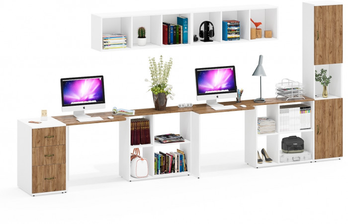 Лидер-8 Стол + Полка + Стол + Полка + Пенал + Тумба МД 3.16, цвет белый шагрень/крафт золото, 410х50/30х75/190 или 270х120/50х75/190 см., НЕ ун. сб.