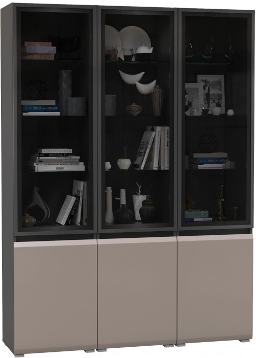 Сидней 13.201 Шкаф-витрина 3 штуки, корпус: антрацит/фасады: МДФ веллюто капучино/прозр. стекло с серой тонир.