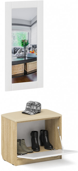 Прихожая П-6 Тумба + Зеркало, цвет дуб сонома/фасады МДФ белое дерево фрезеровка прованс, ШхГхВ 60х35х200 см.