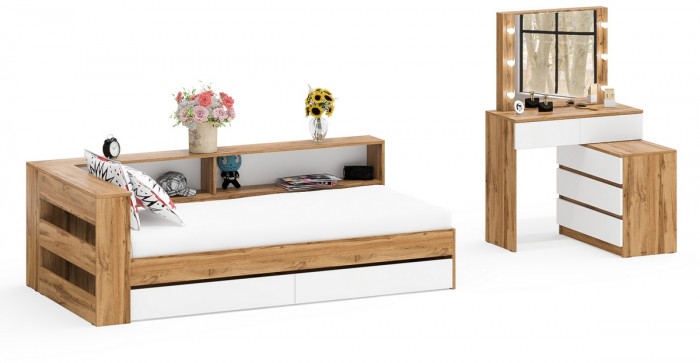 Ксения Кровать с ящиками 0900 + прикроватный блок + Столик с подсветкой 110, дуб вотан/белый