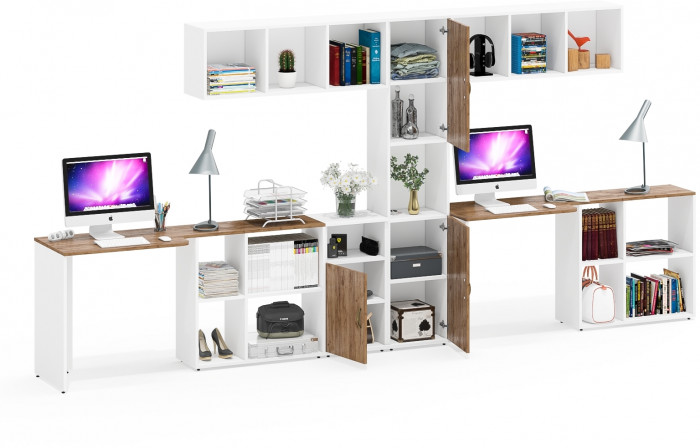 Лидер-8 Стол + Полка + Стол + Полка + Пенал + Тумба МД 3.19, цвет белый шагрень/крафт золото, 410х50/30х75/190 или 230х50/160х75/190 см., НЕ ун. сб.