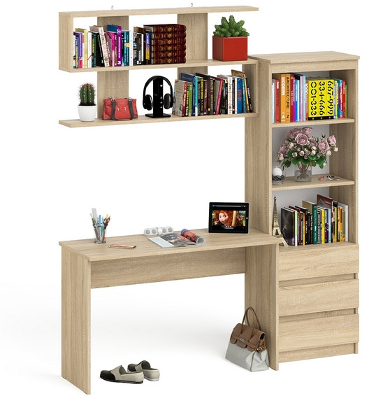 Мори письменный стол МСП1200.1 + Стеллаж МСТ600.3 + Полка 1200, дуб сонома