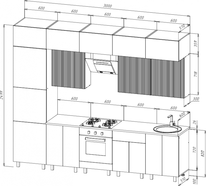 Кухня Оливия NEW 3,0/1080м Компоновка №2, Белый/Мрамор белый софт, Графит софт