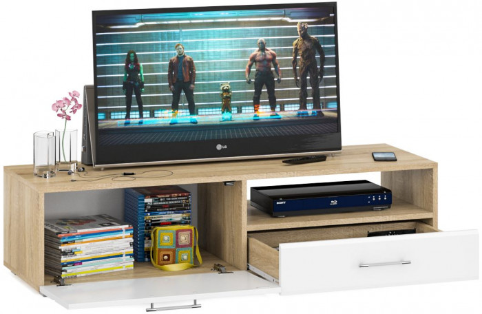 Тумба под ТВ Ларго 1, корпус дуб сонома/фасады МДФ белый глянец