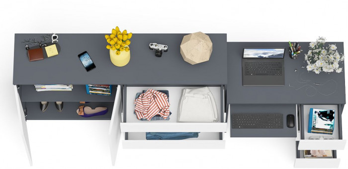 Мори компьютерный стол МС-6 правый + Комод МК1600.1, графит/белый