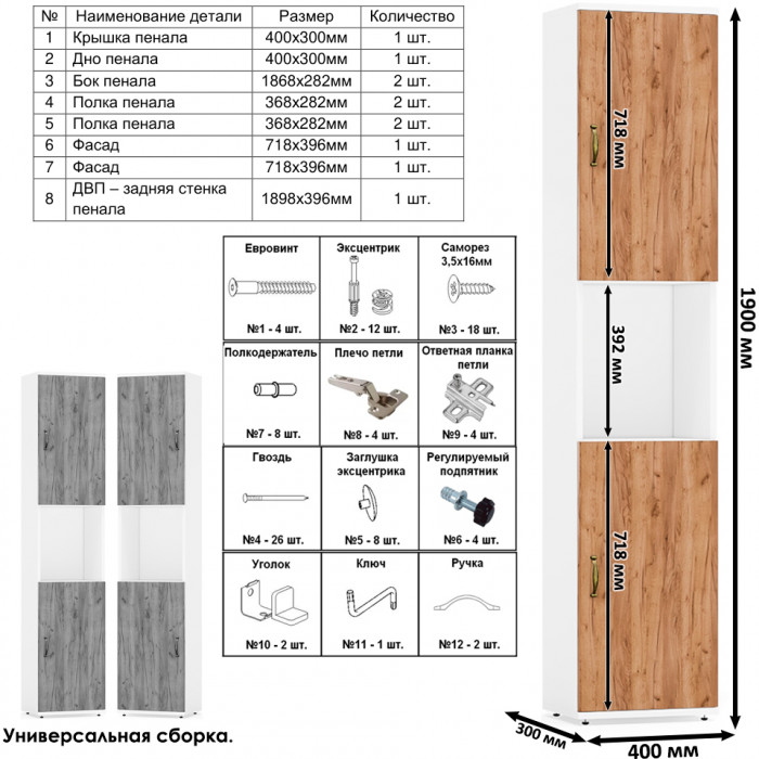 Лидер-8 Стол + Полка + Пенал, цвет белый шагрень/крафт золото, ШхГхВ 205х50/30х75/190 или 115х50/120х75/190 см., НЕ универсальная сборка
