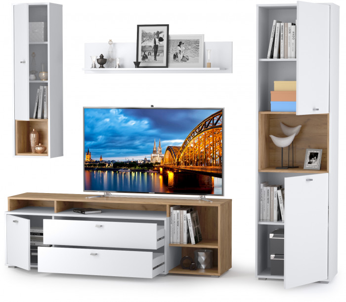 Бэль № 03, цвет дуб крафт золотой/белый премиум, ШхГхВ 240х43х200 см., ниша для ТВ 139х40х120 см., НЕ универсальная сборка