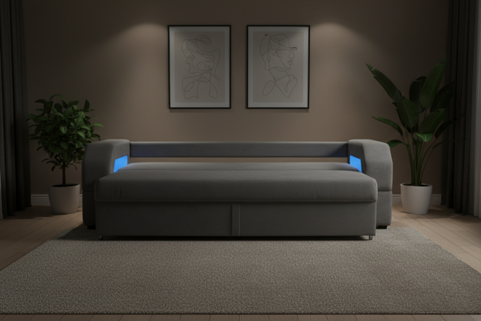 Диван-еврокнижка Манчестер, пружинный блок, 150х195, подсветка, велюр серый