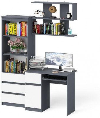 Мори Стол компьютерный МС-1 левый + Стеллаж МСТ600.3 + Полка 900, цвет графит/белый, ШхГхВ 150,4х50х209,6 см., НЕ универсальная сборка