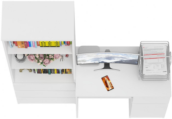 Мори Стол компьютерный МС-1 правый + Стеллаж МСТ600.3, цвет белый, ШхГхВ 150,4х50х179,6 см., выдвижной ящик справа, НЕ универсальная сборка