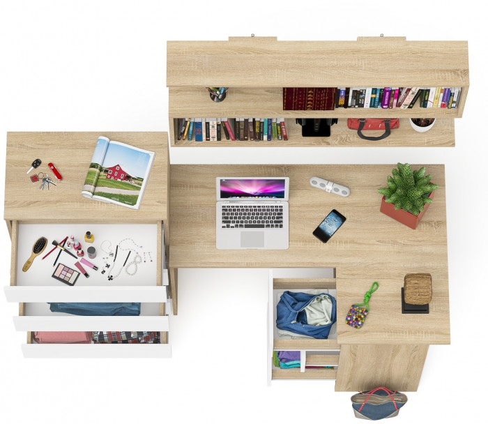 Мори компьютерный стол МС-16 правый + Комод МК700.5 + Полка 1200, дуб сонома/белый