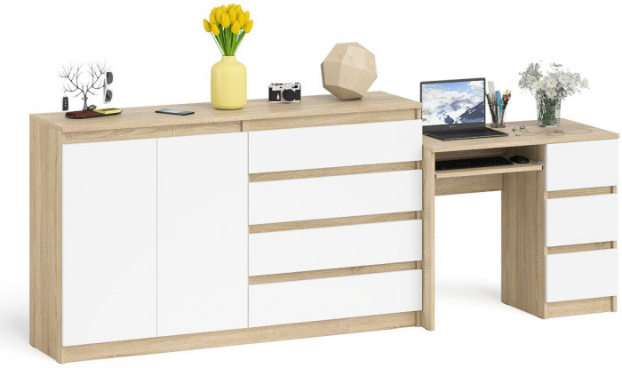 Мори компьютерный стол МС-6 правый + Комод МК1600.1, дуб сонома/белый