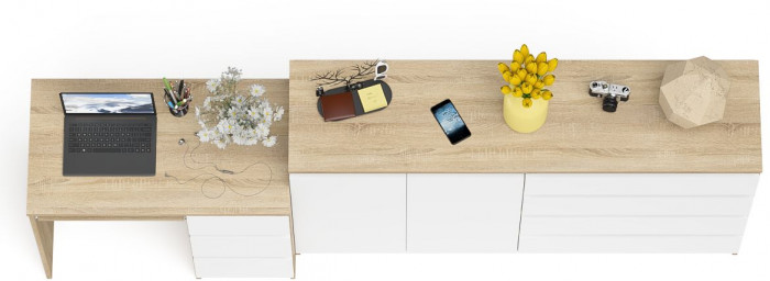 Мори компьютерный стол МС-6 правый + Комод МК1600.1, дуб сонома/белый