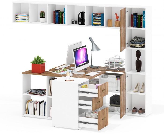 Лидер-8 Стол + Полка + Стол + Полка + Пенал + Тумба МД 3.16, цвет белый шагрень/крафт золото, 410х50/30х75/190 или 270х120/50х75/190 см., НЕ ун. сб.