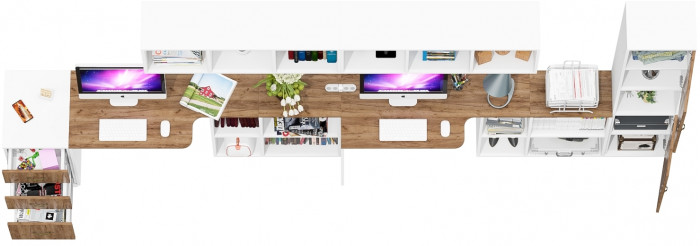 Лидер-8 Стол + Полка + Стол + Полка + Пенал + Тумба МД 3.16, цвет белый шагрень/крафт золото, 410х50/30х75/190 или 270х120/50х75/190 см., НЕ ун. сб.