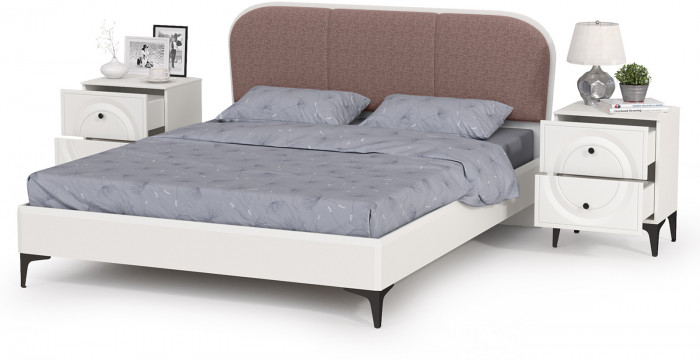Валенсия Спальня 11.36.02 Кровать + ортопед + две Тумбы, цвет ЛДСП белый шагрень/МДФ бел шагр/ткань велутто 19, ШхГхВ 278х204х103,8 см, 1600х2000, б/м