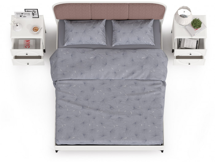 Валенсия Спальня 11.36.02 Кровать + ортопед + две Тумбы, цвет ЛДСП белый шагрень/МДФ бел шагр/ткань велутто 19, ШхГхВ 278х204х103,8 см, 1600х2000, б/м