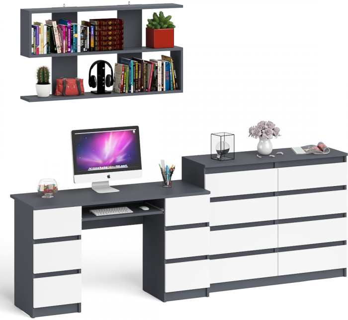 Мори компьютерный стол МС-2 + Комод МК1200.8 + Полка 1200, графит/белый