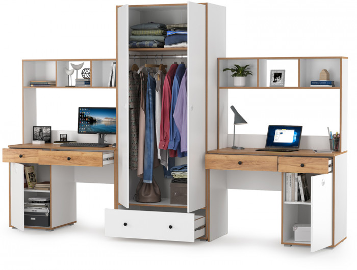 Вуди Компоновка № 28, цвет белый премиум/дуб крафт золотой, ШхГхВ 306х52,7х205 см., универсальная сборка