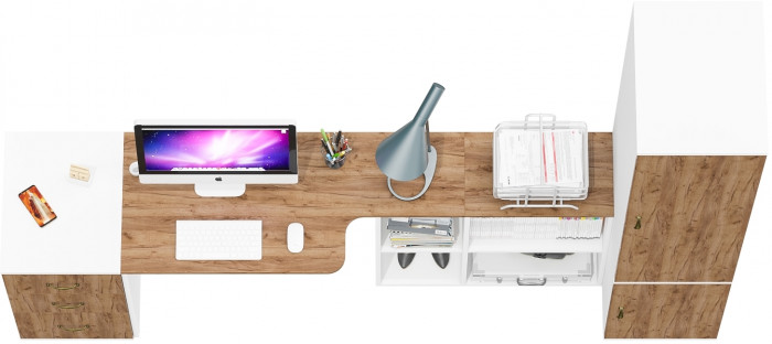 Лидер-8 Стол + Тумба МД 3.16 + Пенал МД 23Б, цвет белый шагрень/крафт золото, ШхГхВ 245х50х75/190 или 115х160/50х75/190 см., НЕ ун. сборка