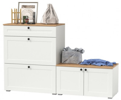 Остин 16.121 Тумба для обуви + 13.257 Тумба, цвет белый шагрень/дуб крафт золотой, ШхГхВ 160х41,9х99,3 см., универсальная сборка