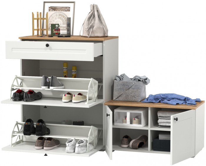 Остин 16.121 Тумба для обуви + 13.257 Тумба, цвет белый шагрень/дуб крафт золотой, ШхГхВ 160х41,9х99,3 см., универсальная сборка