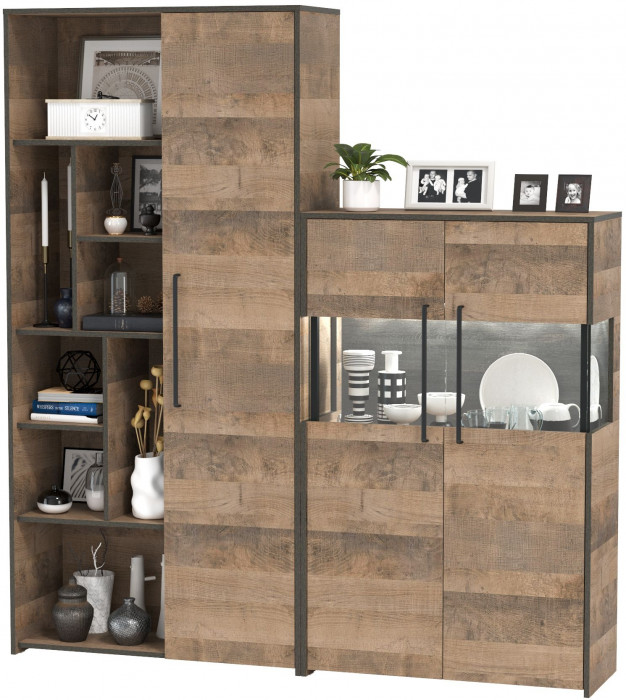 Трувор 13.206 Шкаф-стеллаж + 13.306 Комод с витриной, цвет дуб гранж песочный/интра, ШхГхВ 178,8х37х194,2 см., универсальная сборка