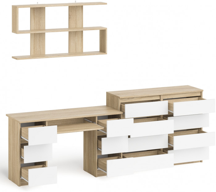 Мори компьютерный стол МС-2 + Комод МК1200.8 + Полка 1200, дуб сонома/белый