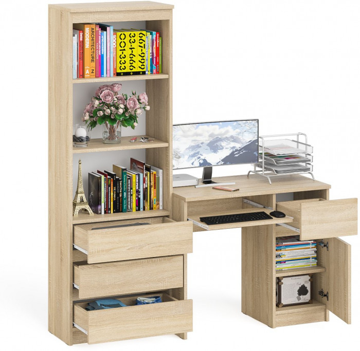 Мори Стол компьютерный МС-1 правый + Стеллаж МСТ600.3, цвет дуб сонома, ШхГхВ 150,4х50х179,6 см., выдвижной ящик справа, НЕ универсальная сборка