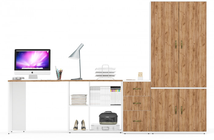 Лидер-8 Стол + Тумба МД 3.16 + Шкаф МД 19Б, цвет белый шагрень/крафт золото, ШхГхВ 285х50/50х75/190 или 115х200/50х75/190 см., НЕ ун. сборка