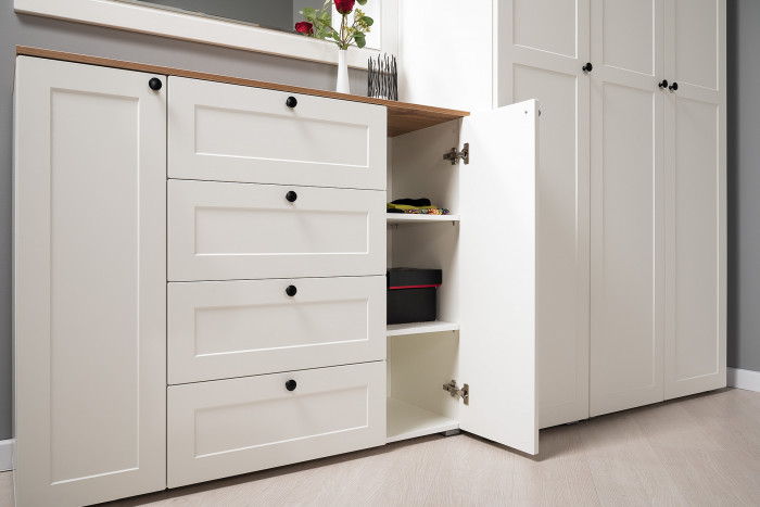 Остин 16.221 Комод + 16.121 Тумба для обуви + 16.121 Тумба для обуви, цвет белый шагрень/дуб крафт золотой, ШхГхВ 280х41,9х99,3 см., ун. сборка