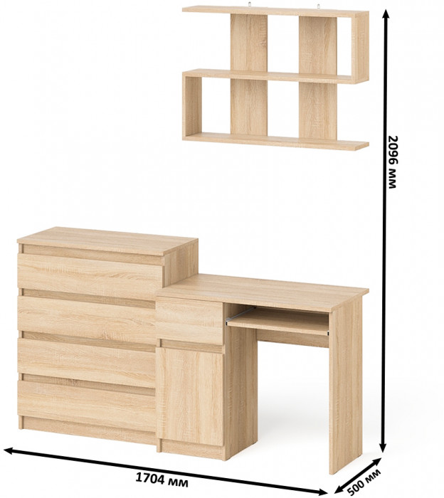 Мори компьютерный стол МС-1 левый + Комод МК800.4 + Полка 900, дуб сонома