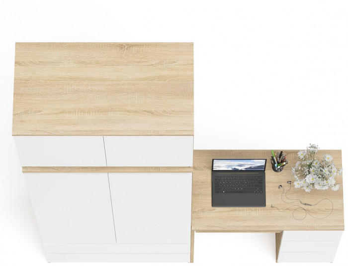Мори компьютерный стол МС-6 правый + Шкаф МШ900.1 + Антресоль МА900.1, дуб сонома/белый