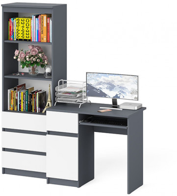 Мори Стол компьютерный МС-1 левый + Стеллаж МСТ600.3, цвет графит/белый, ШхГхВ 150,4х50х179,6 см., выдвижной ящик слева, НЕ универсальная сборка