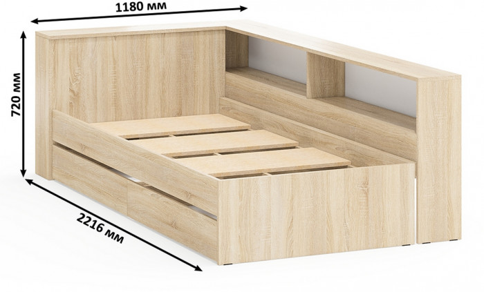 Ксения Кровать с ящиками 0900 + прикроватный блок + Столик с подсветкой Сура, дуб сонома