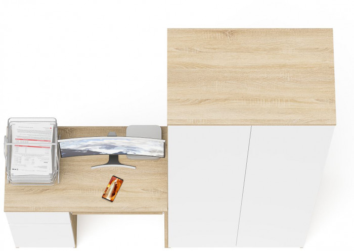 Мори компьютерный стол МС-1 левый + Шкаф МШ800.1, дуб сонома/белый