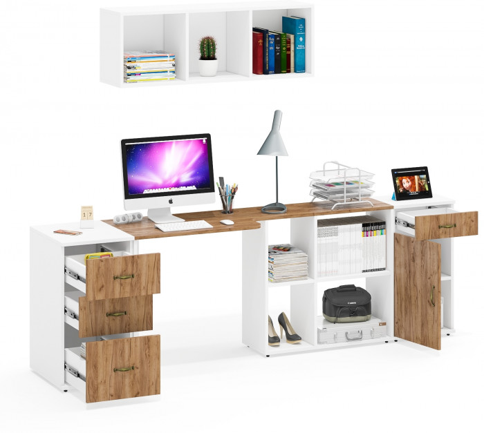 Лидер-8 Стол + Полка + Тумба МД 3.15 + Тумба МД 3.16, цвет белый шагрень/крафт золото, ШхГхВ 245х50/30х75/190 или 155х120/50х75/190 с, НЕ универс. сб.