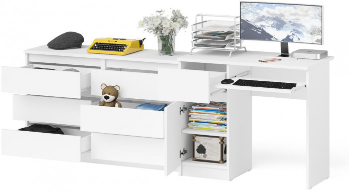 Мори Стол компьютерный МС-1 левый + Комод МК1200.6, цвет белый, ШхГхВ 210,4х50х76,6 см., выдвижной ящик слева, НЕ универсальная сборка
