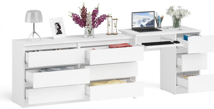 Мори Стол компьютерный МС-6 правый + Комод МК1380.6, цвет белый, ШхГхВ 228х50х76,6 см., выдвижные ящики справа, НЕ универсальная сборка
