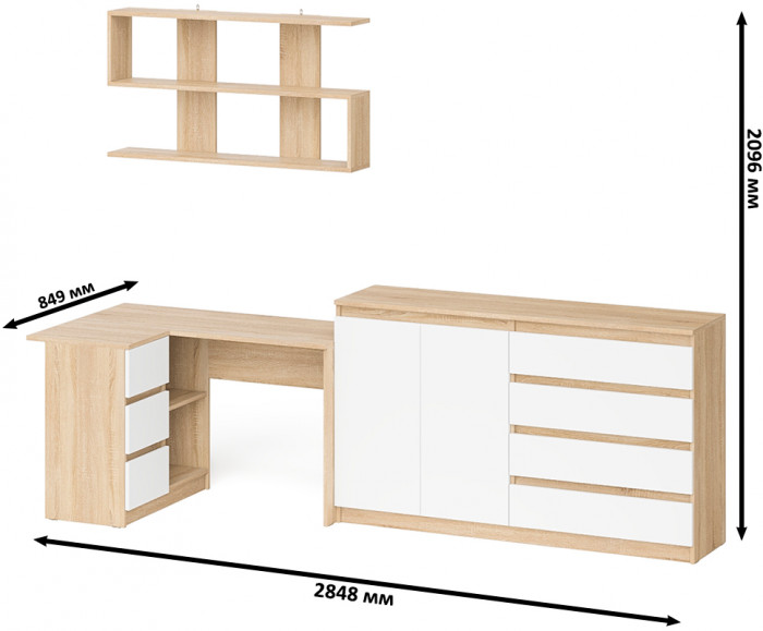 Мори компьютерный стол МС-16 левый + Комод МК1600.1 + Полка 1200, дуб сонома/белый