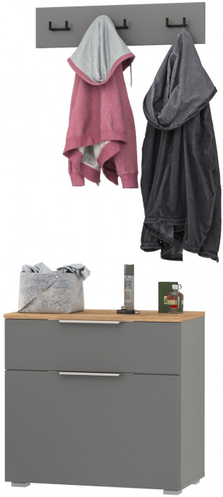 Октава 16.127 Тумба для обуви + 15.14.02 Вешалка, цвет серый графит/дуб крафт золотой/фасады МДФ серый графит, ШхГхВ 64,9х35,4х180 см.
