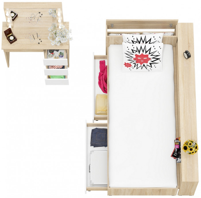 Ксения Кровать с ящиками 0900 + прикроватный блок + Столик с подсветкой Сура, дуб сонома/белый