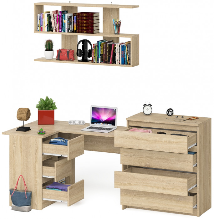 Мори компьютерный стол МС-16 левый + Комод МК800.4 + Полка 1200, дуб сонома