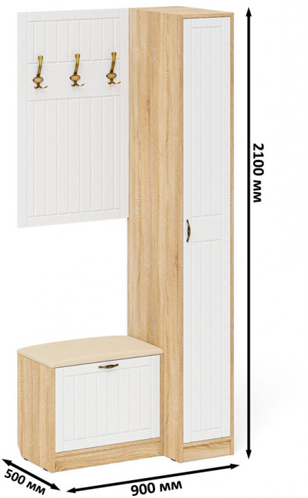 Прихожая П-6 Компоновка № 41, дуб сонома/фасады МДФ белое дерево фрезеровка прованс