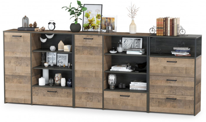 Трувор 13.307.01 Комод + 13.307.02 Комод с ящиками + 13.307.01 Комод, дуб гранж песочный/интра