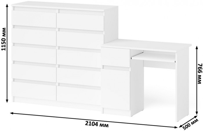 Мори Стол компьютерный МС-1 левый + Комод МК1200.10, цвет белый, ШхГхВ 210,4х50х115 см., выдвижной ящик слева, НЕ универсальная сборка